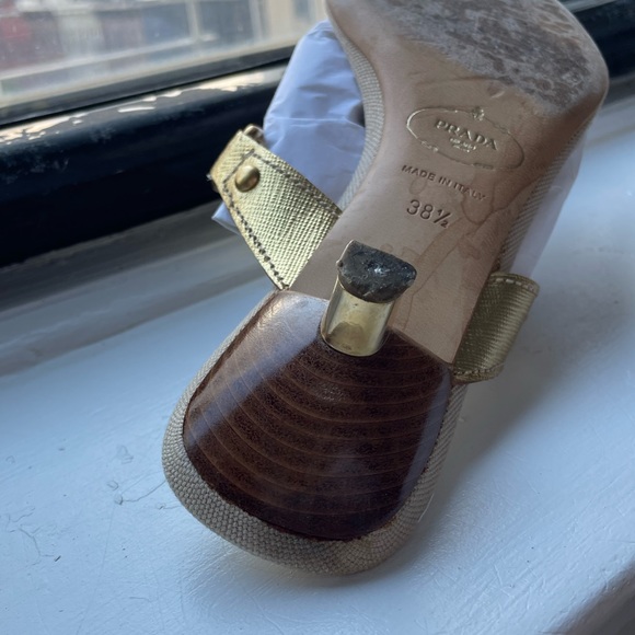 AUTHENTIC PRADA Gold Canapa + Saffiano Logo Heeled Sandals - Picture 7 of 10